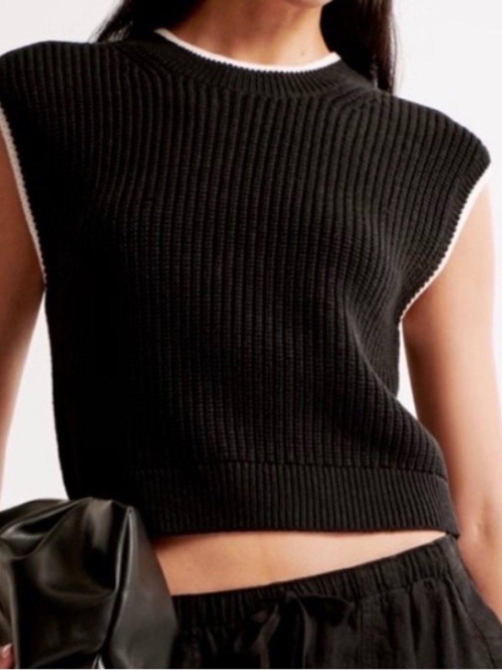 Abercrombie & Fitch Black Ribbed Cropped Sleeveless Top with White Trim